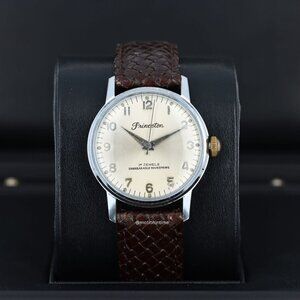 Princeton Unbreakable Mainspring 33mm Ivory Arabic Dial on a Brown Leather Strap